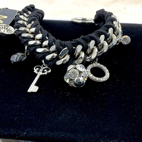 MIXIT 7” Black Leather Weaved Through Silver Charm Bracelet - Picture 4 of 7